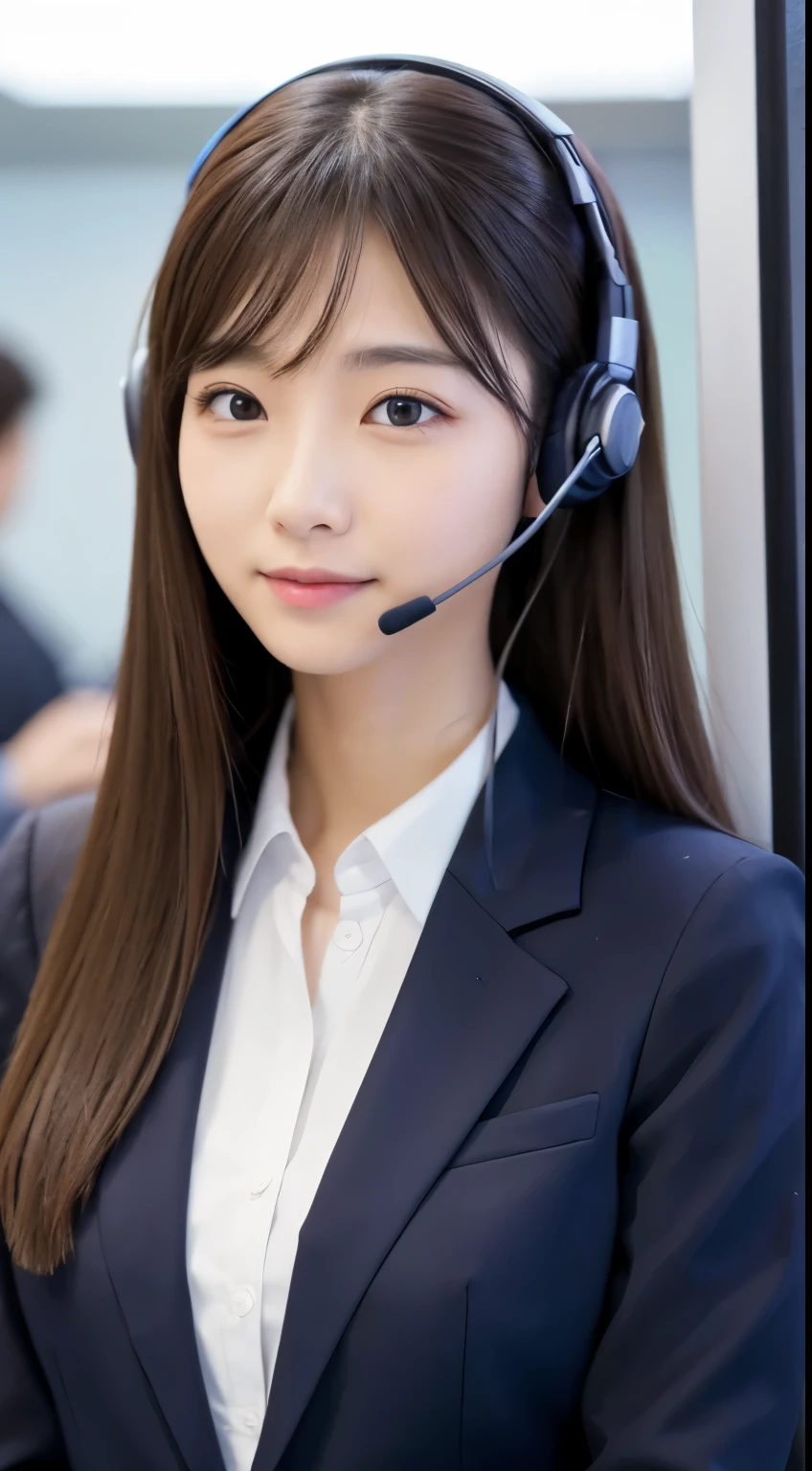 beautiful girl、cute、long hair、straight hair、suit、no tie、call center、headset、front