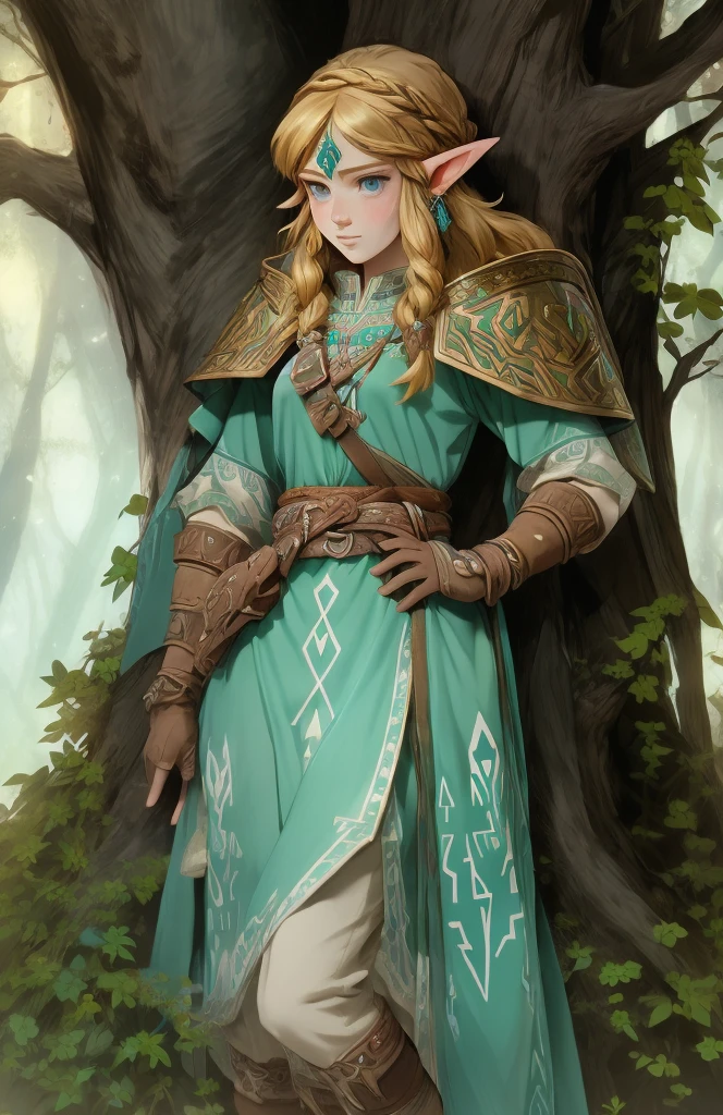 the legend of zelda: connection between forest and ice, in the style of romantic illustrations, Goblin Academy, green and bronze, Romance manga, Detailed costumes, post-picturesque, dark blue and beige leaf, eye to eye contact, Sitting

