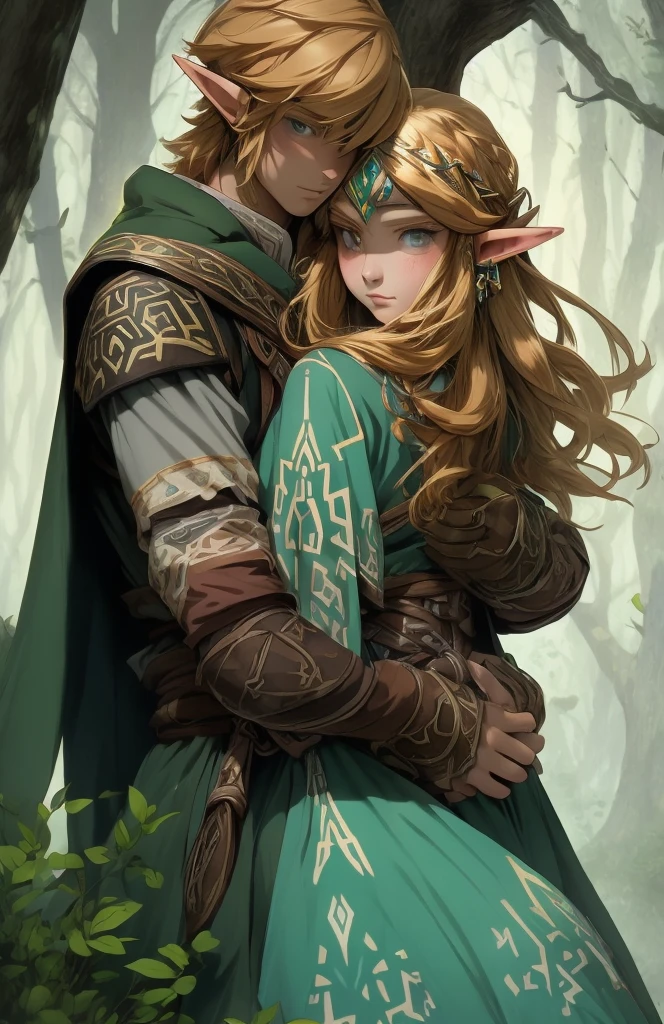 the legend of zelda: connection between forest and ice, in the style of romantic illustrations, Goblin Academy, green and bronze, Romance manga, Detailed costumes, post-picturesque, dark blue and beige leaf, eye to eye contact, Sitting
