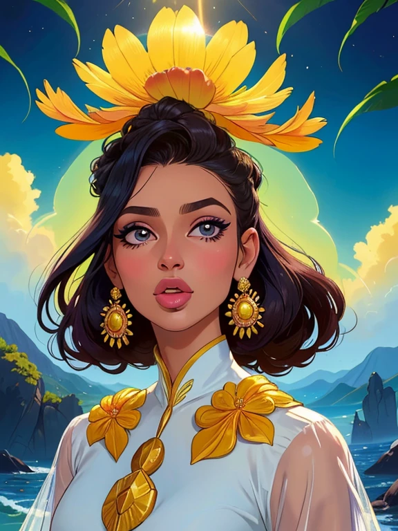 (melhor qualidade, cores vivas:1.2), ultra-detalhado, realista, average:oil painting, mulher de 25 anos, boca aberta,
tongue out, olhar ansioso, olhando para o espectador, de cima, lindos olhos detalhados, beautiful detailed lips, long eyelashes,
usando uma roupa elegante e moderna, penteado elegante, pele brilhante, postura confiante, cercado por flores vibrantes,
Soft sunlight casting a warm glow on your face, cores vibrantes, alto contraste, sombras intensas, atmosfera surreal.