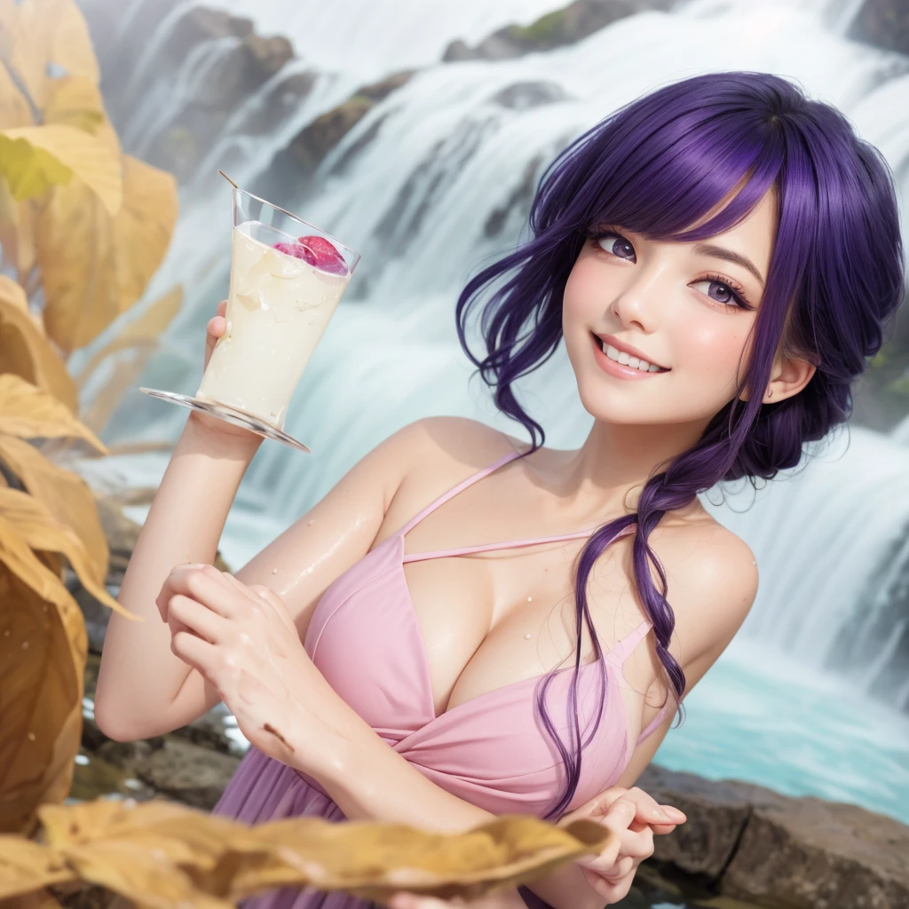 Best image quality, outstanding detail, ultra high resolution, (realism: 0), best illustration, prefer details, highly condensed 1girl, delicate and beautiful face, long hair, disheveled hair, big, blush, cleavage, wet skin, a beautiful woman with violet hair and bright violet eyes, holding a glass with her enchanting smile, in a waterfall garden, pink dress