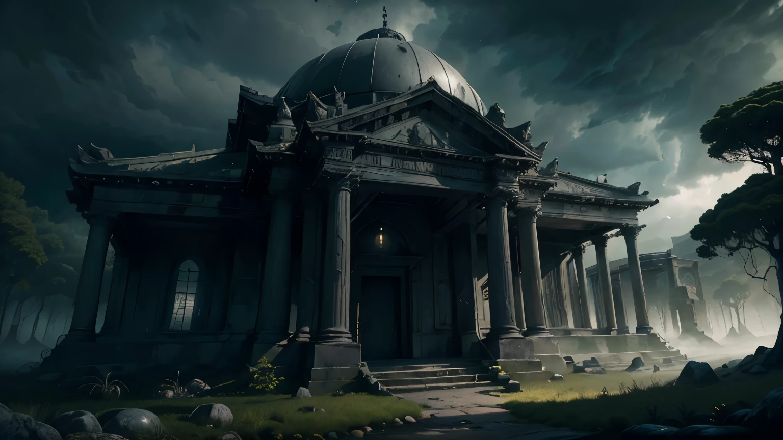 (best quality,4k,8k,highres,masterpiece:1.2),ultra-detailed,(realistic,photorealistic,photo-realistic:1.37),dark greek huge mausoleum,cloudy day,in the hills,[mysterious atmosphere],ancient ruins,stone structure,imposing architecture,statues of mythical creatures,columns and pillars,overgrown vegetation,rolling fog,ominous shadows,thick moss-covered walls,eerie silence,mysterious figures lurking in the shadows,gloomy atmosphere,grey and desaturated color palette,dramatic lighting casting long shadows,ancient engravings and inscriptions,crumbling stairs leading to the entrance,overcast sky with heavy clouds,beam of light breaking through the clouds,hint of a storm approaching,peaceful yet uneasy feeling,[ethereal ambiance],sense of mystery and history.