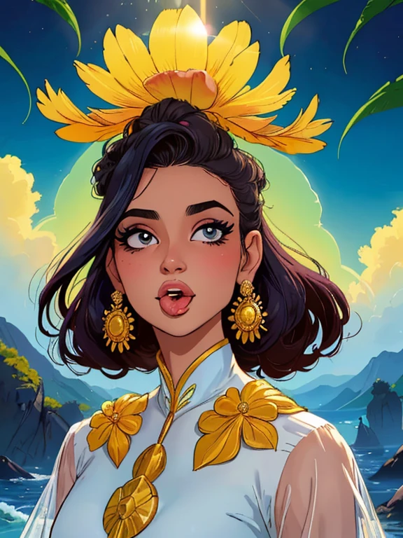 (melhor qualidade, cores vivas:1.2), ultra-detalhado, realista, average:oil painting, mulher de 25 anos, boca aberta,
tongue out, olhar ansioso, olhando para o espectador, de cima, lindos olhos detalhados, beautiful detailed lips, long eyelashes,
usando uma roupa elegante e moderna, penteado elegante, pele brilhante, postura confiante, cercado por flores vibrantes,
Soft sunlight casting a warm glow on your face, cores vibrantes, alto contraste, sombras intensas, atmosfera surreal.