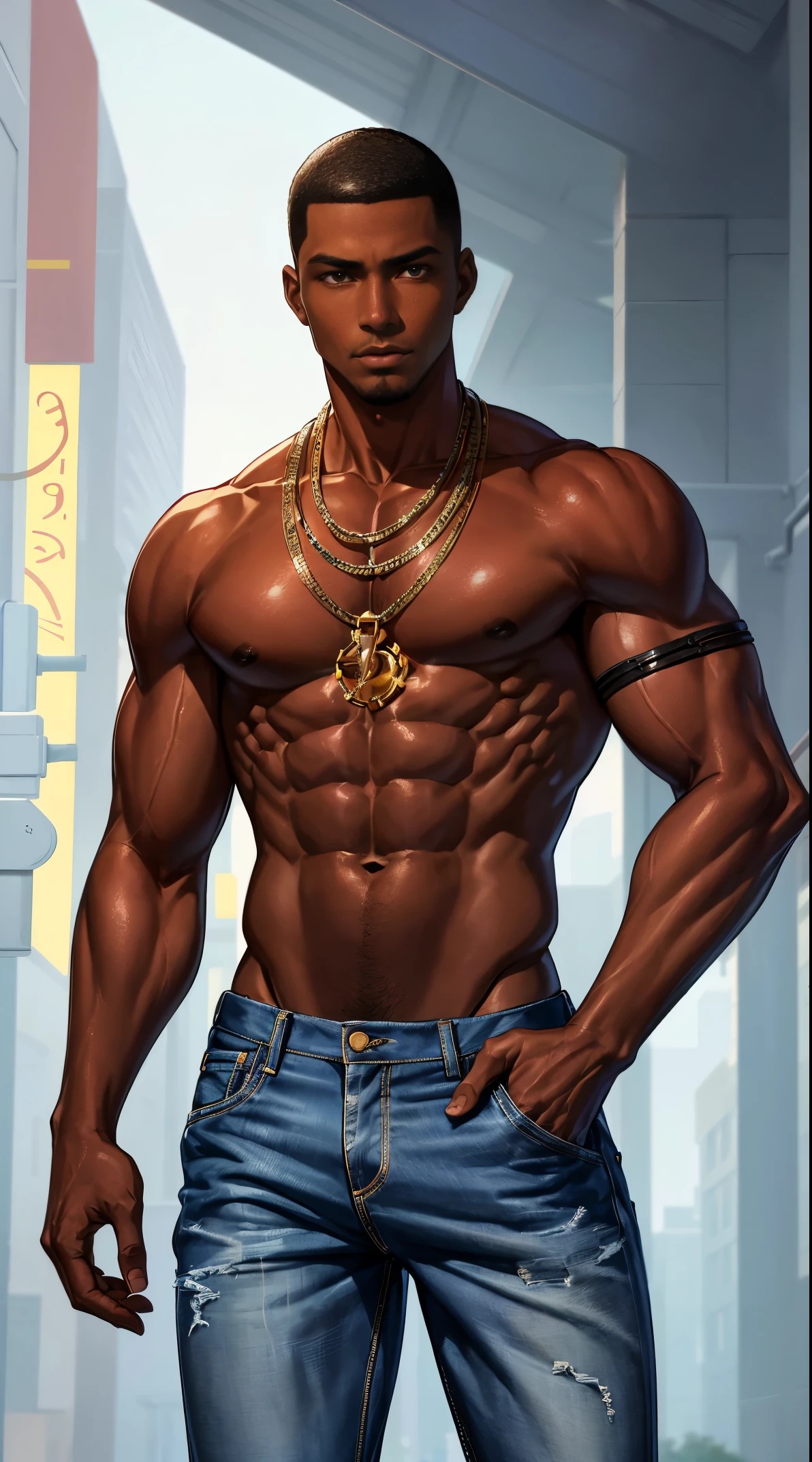 (best quality:1.1),original, 1man, A handsome man with dark skin, African American man with natural hair, short hair, buzzcut, ebony nose, broad shoulders, tall, masculine, baggy urban clothes and demin jeans, cartoon,anime illustrations, style is abstract beauty, charming character illustrations, folklore --ar 2:3 --v 6.0