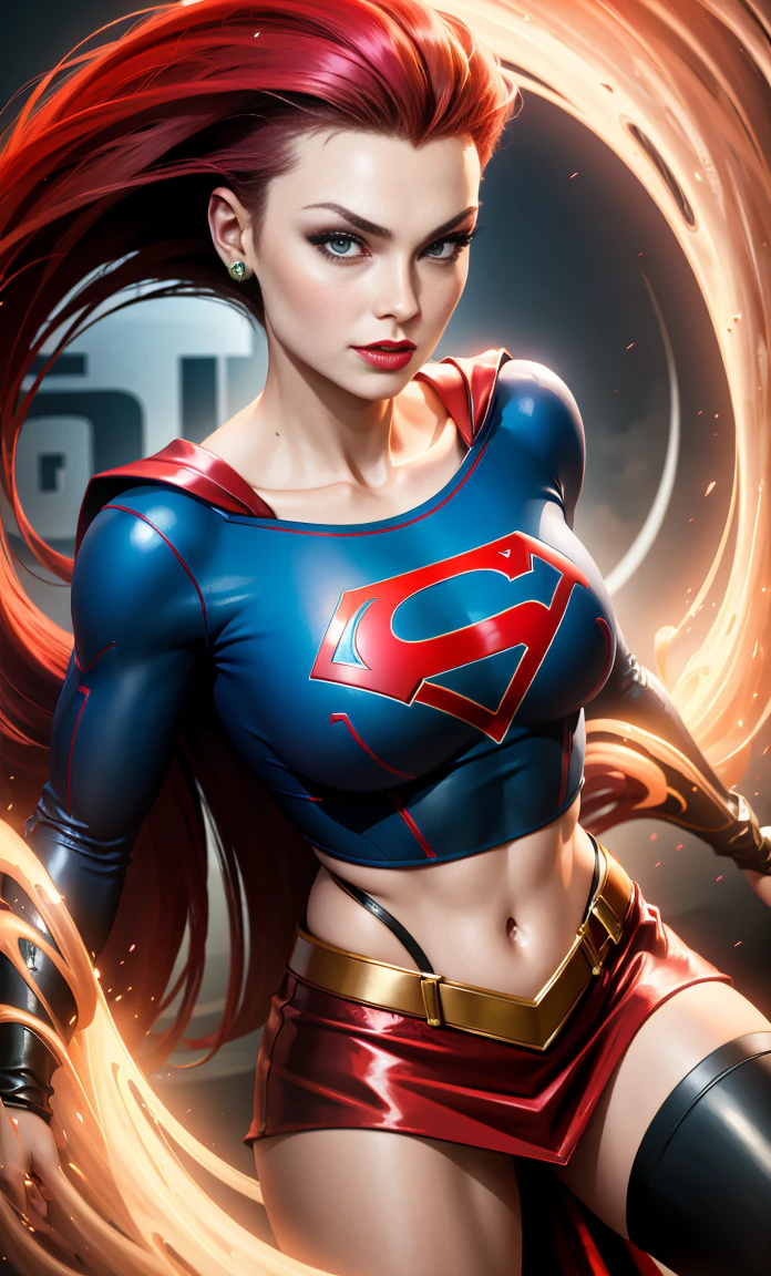 obra prima, melhor qualidade, high resolutions, ela1, Cabelo vermelho sobre os olhos,  Supergirl, capa vermelha, S do super-homem no peito, blue swimsuit, Red skirt, botas vermelhas, peituda, With the camera back,