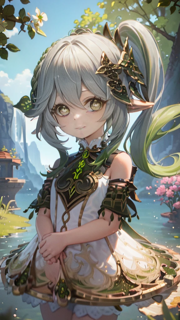 ((masterpiece)),(((highest quality))),((super detailed)),1 girl, alone, (pretty girl), ((Nahidagenhin)), barefoot, Are standing, building, smile, floating hair, (green hair), green eyes, dutch angle, closed mouth, look away, outdoor