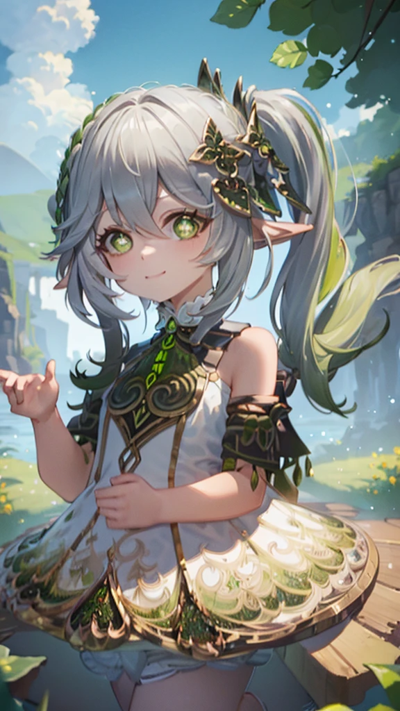 ((masterpiece)),(((highest quality))),((super detailed)),1 girl, alone, (pretty girl), ((Nahidagenhin)), barefoot, Are standing, building, smile, floating hair, (green hair), green eyes, dutch angle, closed mouth, look away, outdoor