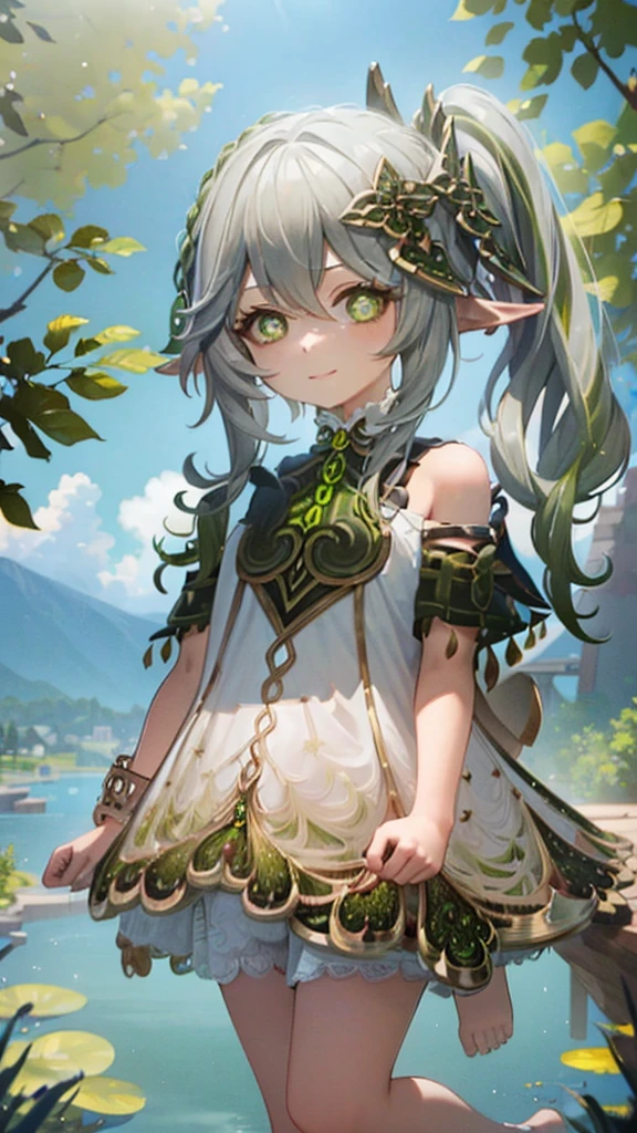 ((masterpiece)),(((highest quality))),((super detailed)),1 girl, alone, (pretty girl), ((Nahidagenhin)), barefoot, Are standing, building, smile, floating hair, (green hair), green eyes, dutch angle, closed mouth, look away, outdoor