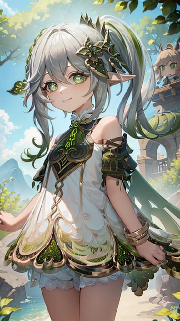 ((masterpiece)),(((highest quality))),((super detailed)),1 girl, alone, (pretty girl), ((Nahidagenhin)), barefoot, Are standing, building, smile, floating hair, (green hair), green eyes, dutch angle, closed mouth, look away, outdoor