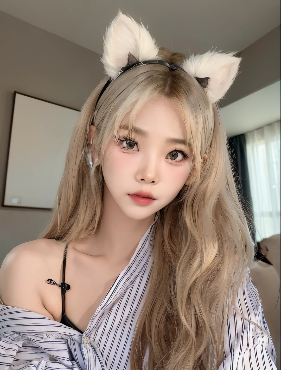 a close up of a woman with long hair wearing a cat ear headband, korean girl, very beautiful cute catgirl, ulzzang, lalisa manobal, girl with cat ears, attractive cat girl, beautiful south korean woman, young adorable korean face, young and cute girl, fake cat ears, gorgeous young korean woman, beautiful young korean woman