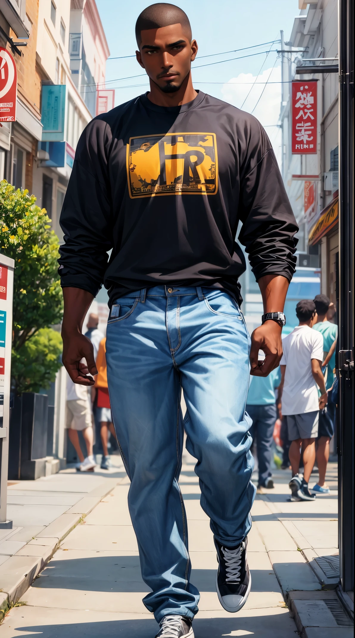 (best quality:1.1),original, 1man, A handsome man with dark skin, African American man with natural hair, short hair, buzzcut, ebony nose, broad shoulders, tall, masculine, baggy urban clothes and demin jeans, cartoon,anime illustrations, style is abstract beauty, charming character illustrations, folklore --ar 2:3 --v 6.0