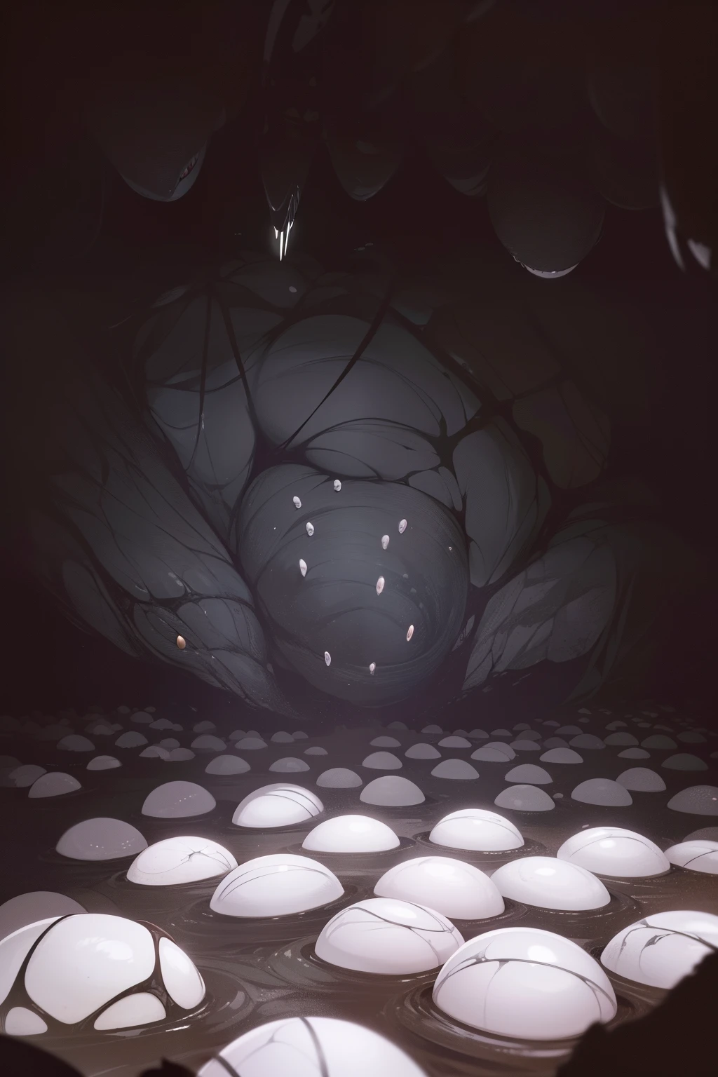 Ultra-detailed wide-angle camera captures the menacing interior of a dark and ominous cave, home to a horde of xenomorph alien eggs. The cave walls are rough and damp, covered in a slimy substance that reflects the dim, flickering light emanating from the camera. The air is heavy with tension as facehuggers, with their vine-like appendages coiled, eagerly await their next victim. A few eggs begin to crack open, revealing the gruesome sight of gachlungs, the dreaded parasitic organisms, hatching and slithering out, their sharp claws scratching against the cave floor. Their piercing screams echo through the