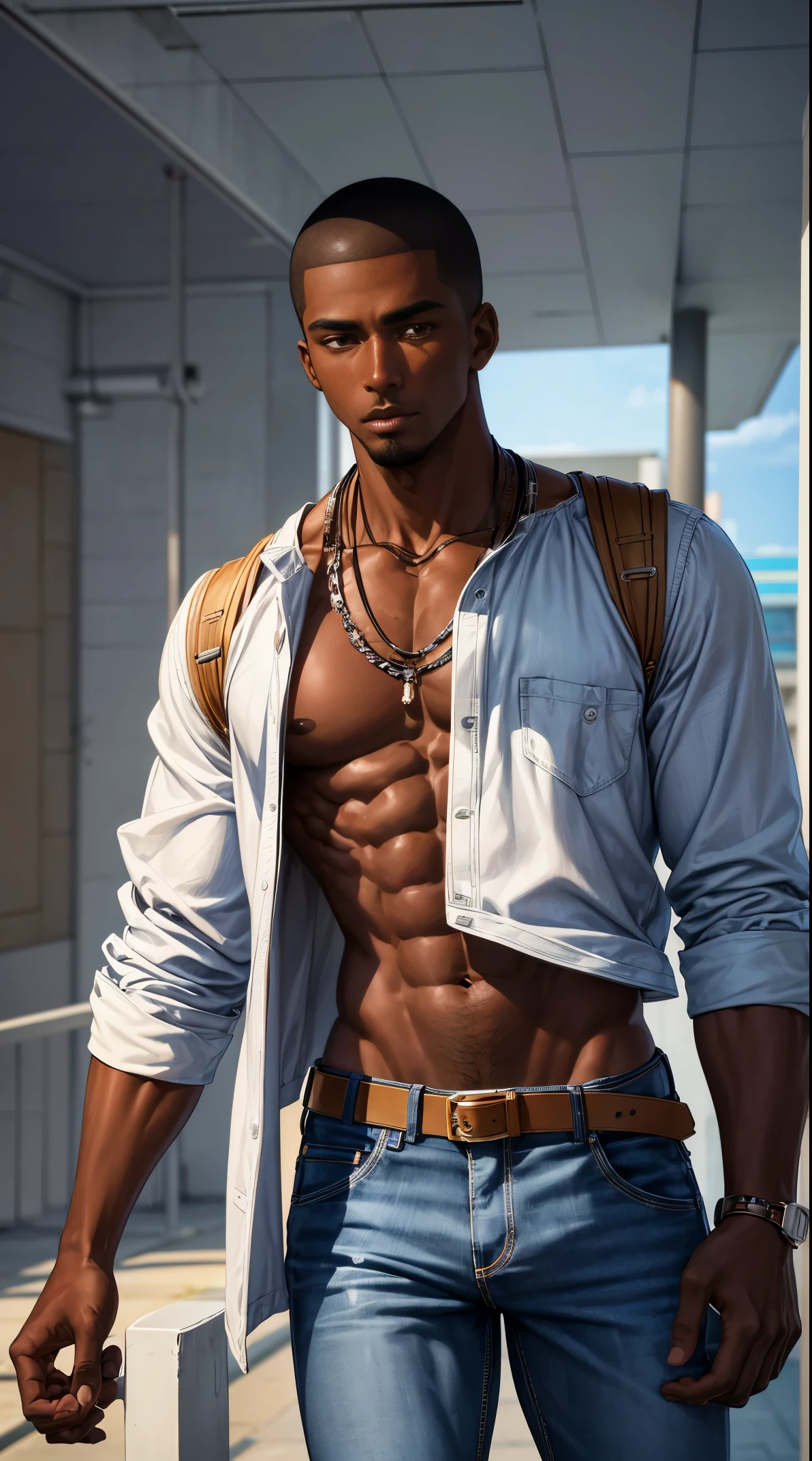 (best quality:1.1),original, 1man,  A handsome man with dark skin, African American man with natural hair, short hair, buzzcut, ebony nose, broad shoulders, tall, masculine, baggy urban clothes and demin jeans, cartoon，anime illustrations, style is abstract masculine beauty, charming character illustrations, folklore  --ar 2:3 --v 6.0 