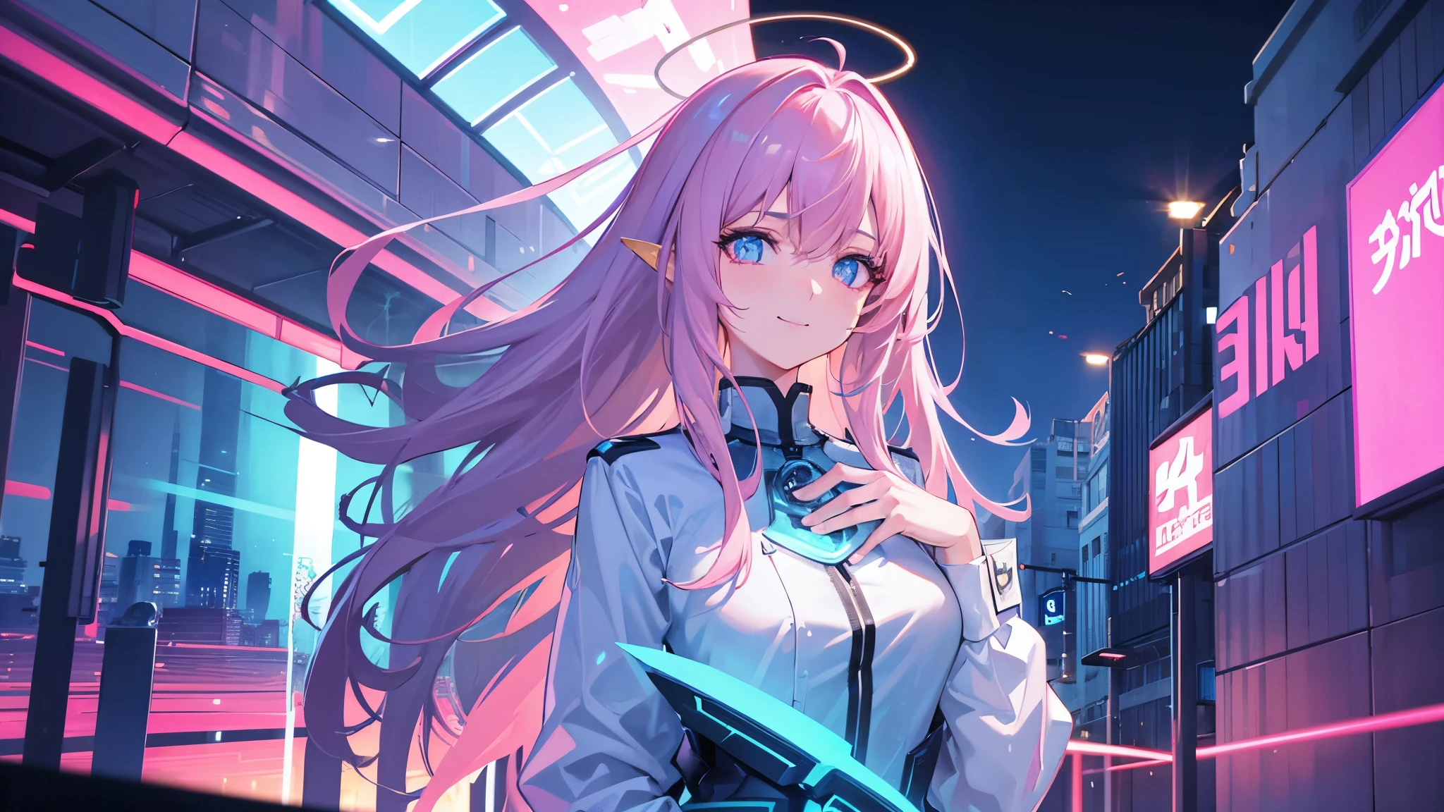 Young Female, Light Pink Hair, Neon Glowing Blue Eye, Mechanical Wing, Mobile Suit, Tower of Fantasy Theme, Sad Emotion mood, Smile, 3D, Realistic, HDR, HD, Background, RTX, 2K, Masterpiece.