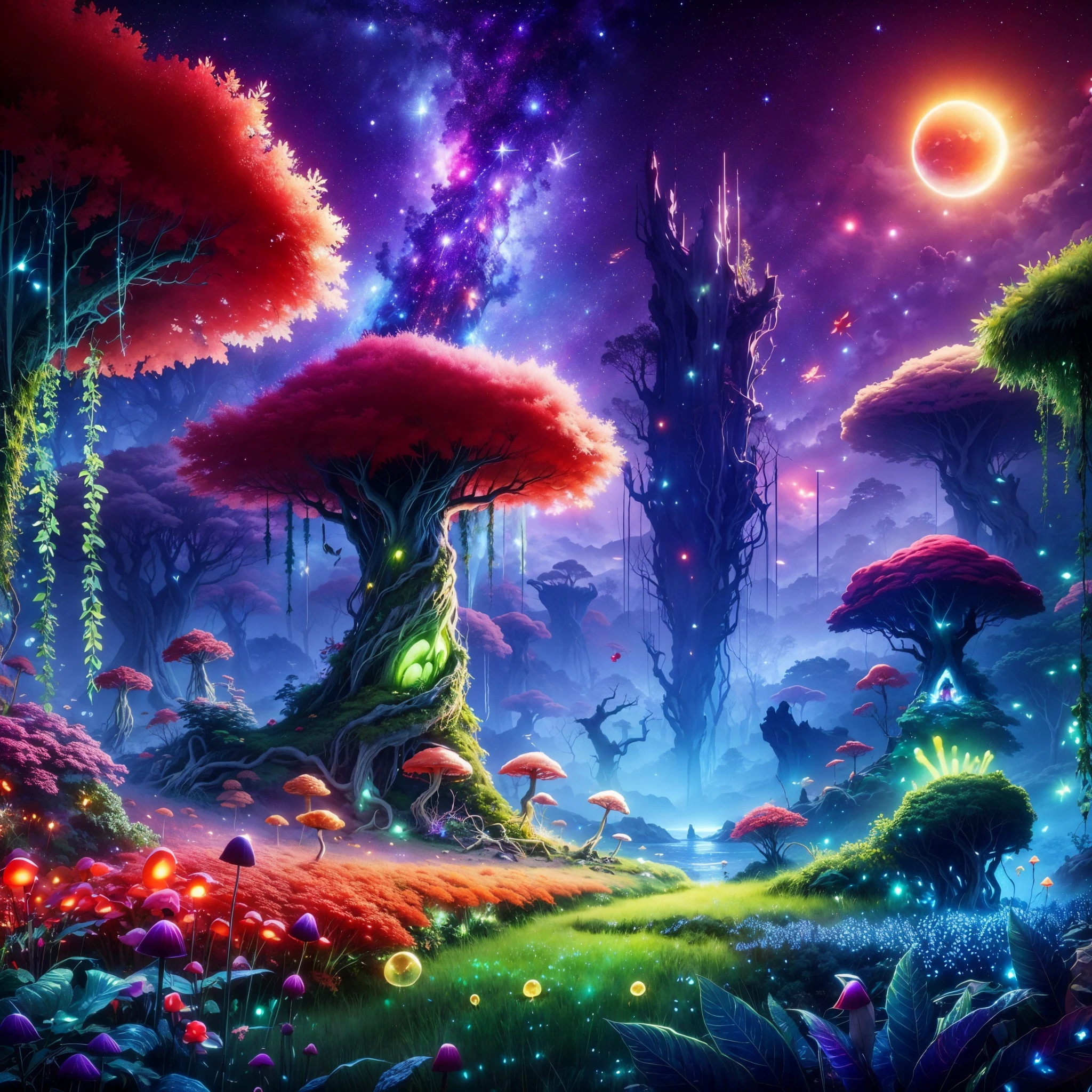 Ori and the blind forest game style,ultra-detailed, alien landscape, strange-looking trees, vibrant red grass, vines,green aurora,purple starry sky, natural giant piercing stone pillar,ethereal blue leaves, lots of giant floating jellyfish in the sky, giant and yellow bioluminescent mushrooms, a captivating blue water line, unique hybrid flowers, two radiant suns, and mesmerizing red fireflies.