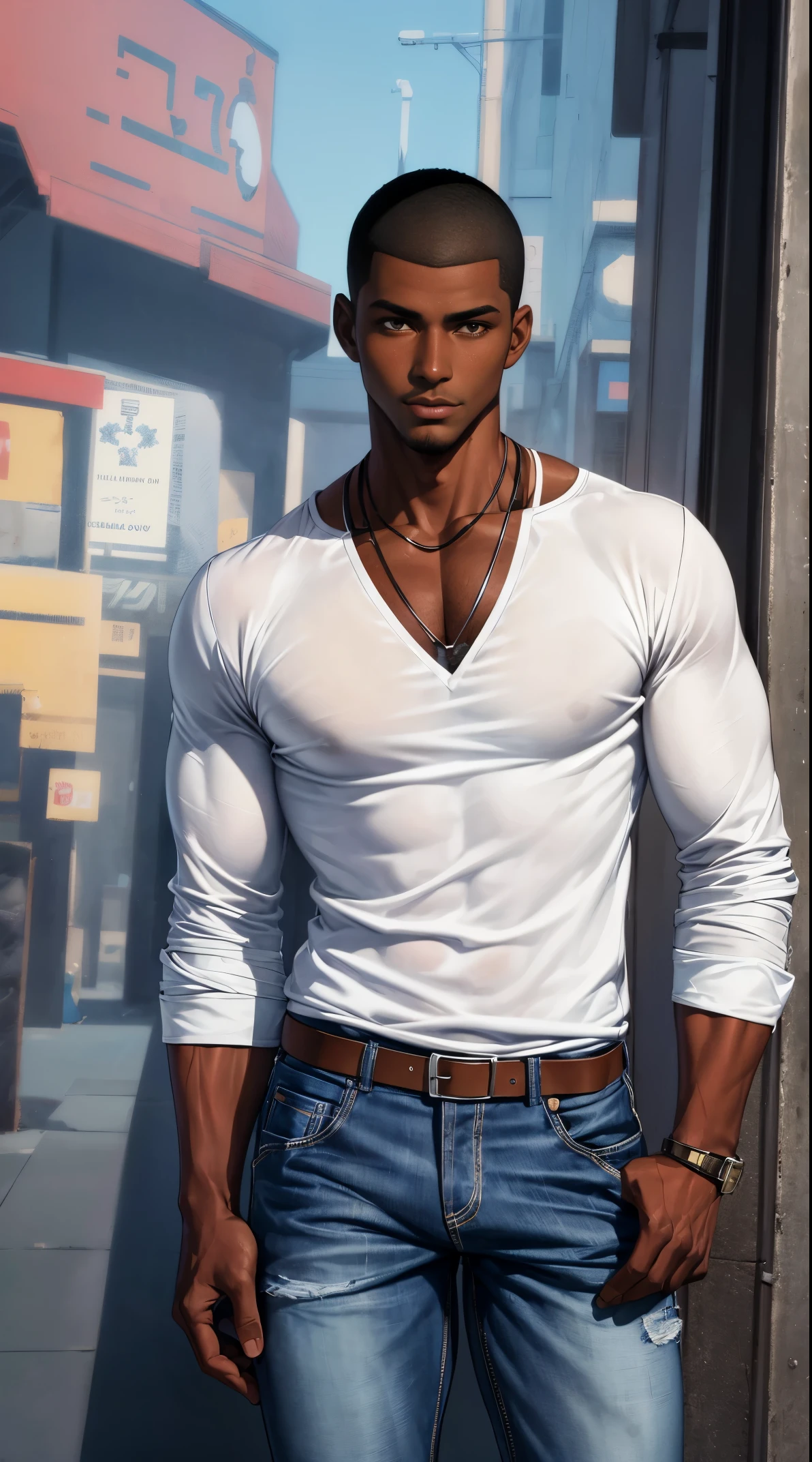 (best quality:1.1),original, 1man,  A handsome man with dark skin, African American man with natural hair, short hair, buzzcut, ebony nose, broad shoulders, tall, masculine, baggy urban clothes and demin jeans, cartoon，anime illustrations, style is abstract casual, charming character illustrations, folklore  --ar 2:3 --v 6.0 