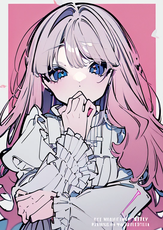 (the masterpiece,Best quality,solo,long white hair,Looking at you,By bangs,minimalist background,long sleeves,White dresses,Cover your hair with your eyes,Light blue eyes,keep your mouth shut,Mono color,Upper body,Pastel pink dress,baby pink hair,frill,puffy sleeves,nails,butterflies,Big girl,pink background)