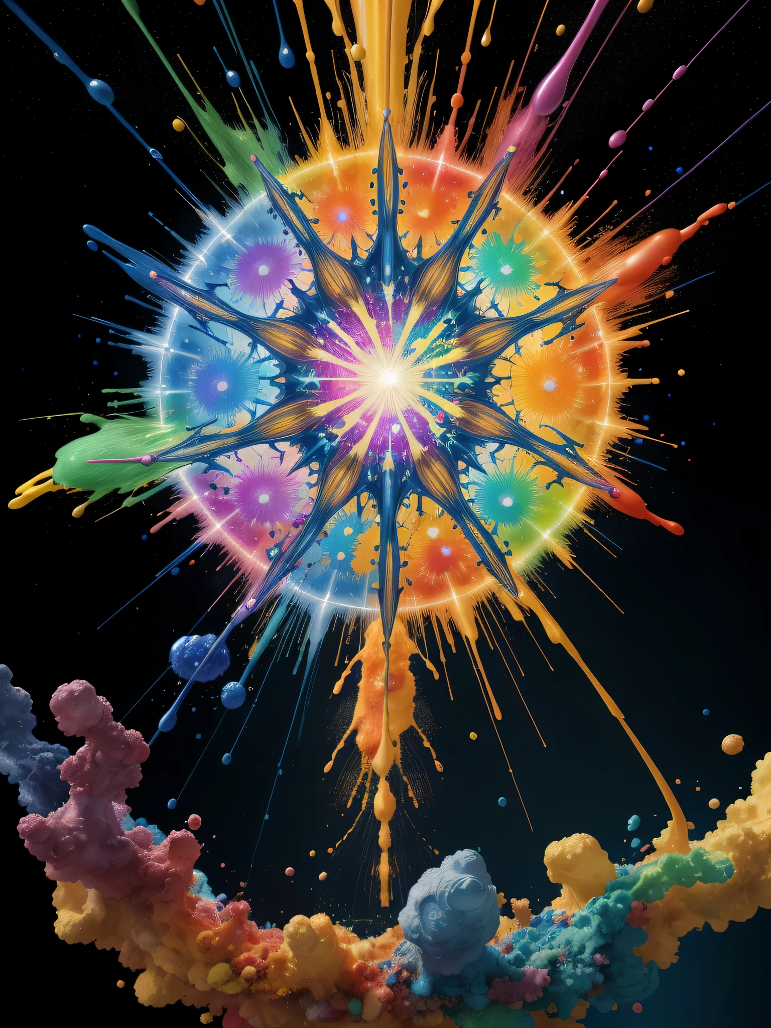Masterpiece, Official Art, Highly Detailed CG, Professional Photography, Sharp Focus, HDR, Intricate Details, Refined Detail, (8K, Top Quality, Masterpiece, Ultra High Resolution: 1.2), Photorealistic, Galaxy Dramatic 3D rendering of a vortex, (((explosion))), ((splatters of light, radial rays, colorful rays, 7 colors of light,)), fractal art, , pendulum, paint drips, splattered colors , professional photography, studio quality, the background is space, stars swimming,