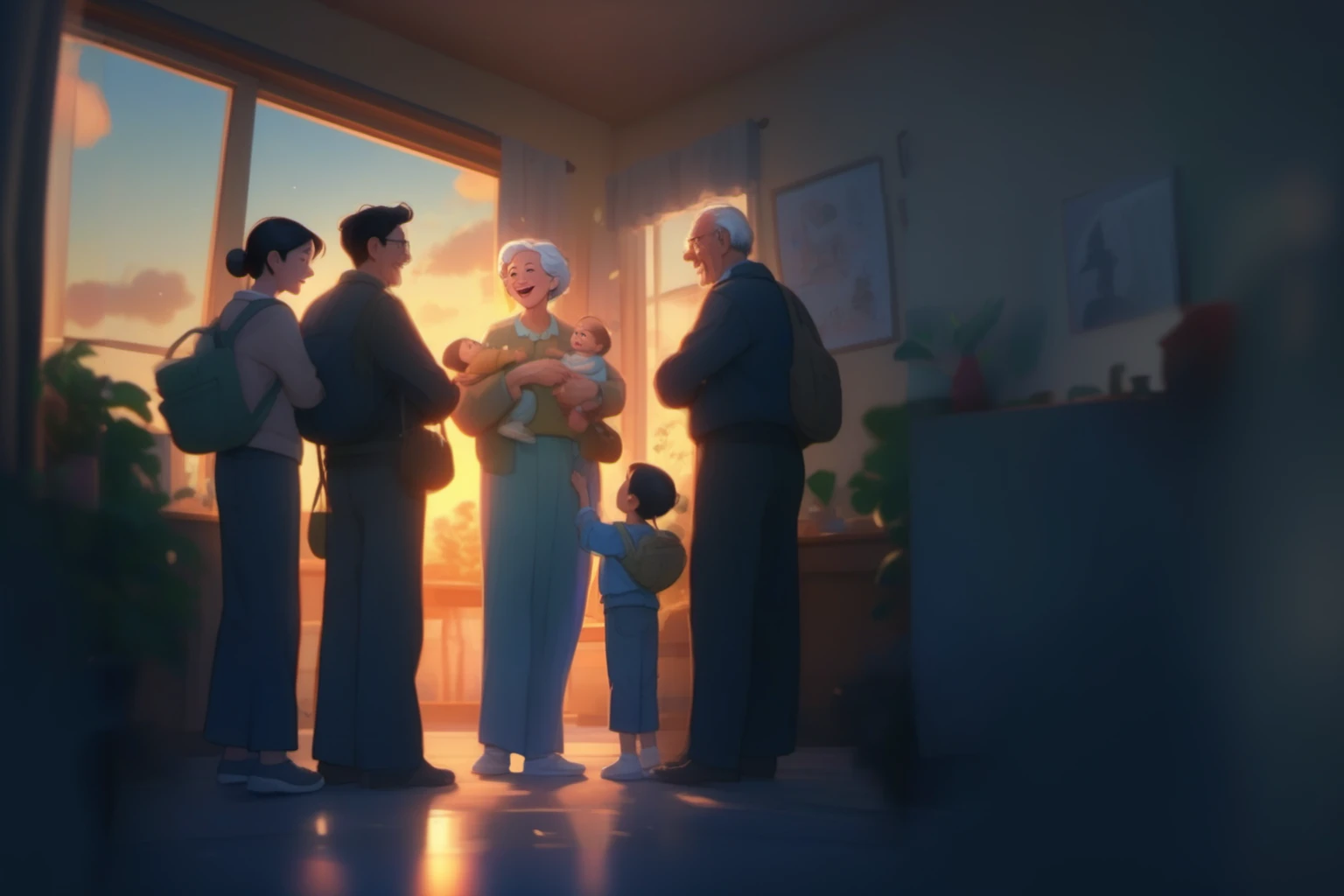 There is a group of people standing together smiling, happy family, warm heart, family, family photography, old people holding children, family photography portrait, mourning family, playing, warm smile, big portrait, lifestyle, 4k image, happy person in the room, 4k image, single image, portrait, portrait of three, gentle and calm doting posture, portrait, cartoon style, secondary portrait,