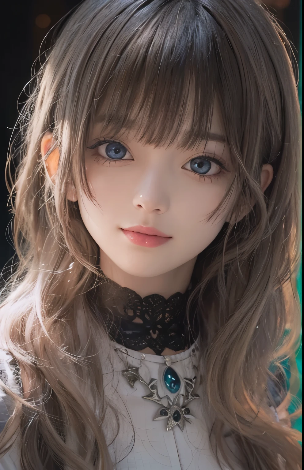 (Ultra Realistic), (Illustration), (Increased Resolution), (8K), (Extremely Detailed), (Best Illustration), (Beautiful and Detailed Eyes), (Best Quality), (Ultra Detailed), (Masterpiece ), ( wallpaper), (detailed face), solo, 1 girl, looking at viewer, fine details, detailed face, in the dark, deep shadows, low key, pureerosfaceace_v1, smiling, long hair, black shawl straight hair , 46 points oblique bangs