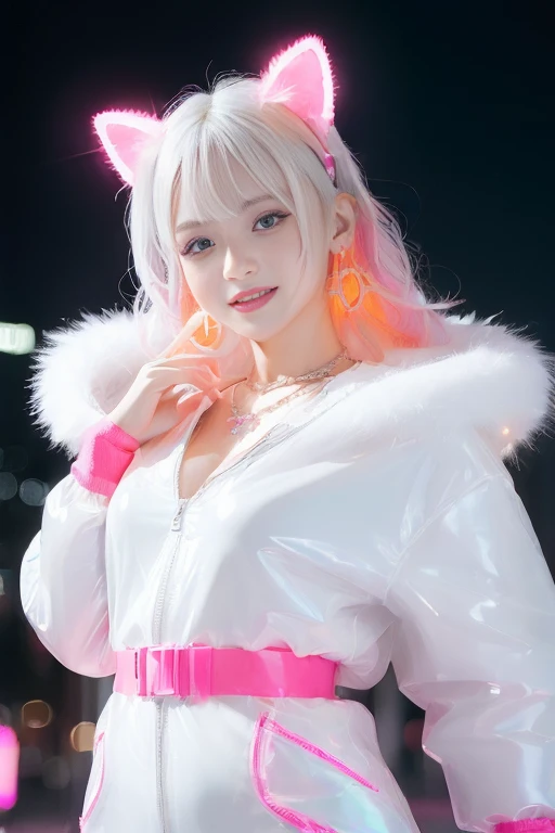 female idol、lipgloss、smiling face、full body esbian、shiny very large earrings,(sparkling neon pink)、shiny very large necklace,(sparkling neon pink)、shiny glossy latex bandino,(sparkling neon pink)、shiny glossy latex tight mini slip,(sparkling neon pink)、colorful hair (sparkling neon pink)、long white coat with white fluffy fur, (bright white:2)、conceptual art, High quality, Realistic, extremely detailed CG unified 8k wallpaper, highly detailed, High-definition raw color photos, professional photography, Realistic portrait, Cinematic Light, Beautiful detailed, Super Detail, high details, (((Bokeh))), depth of fields, illumination, Neon Street, Super stylish lighting
