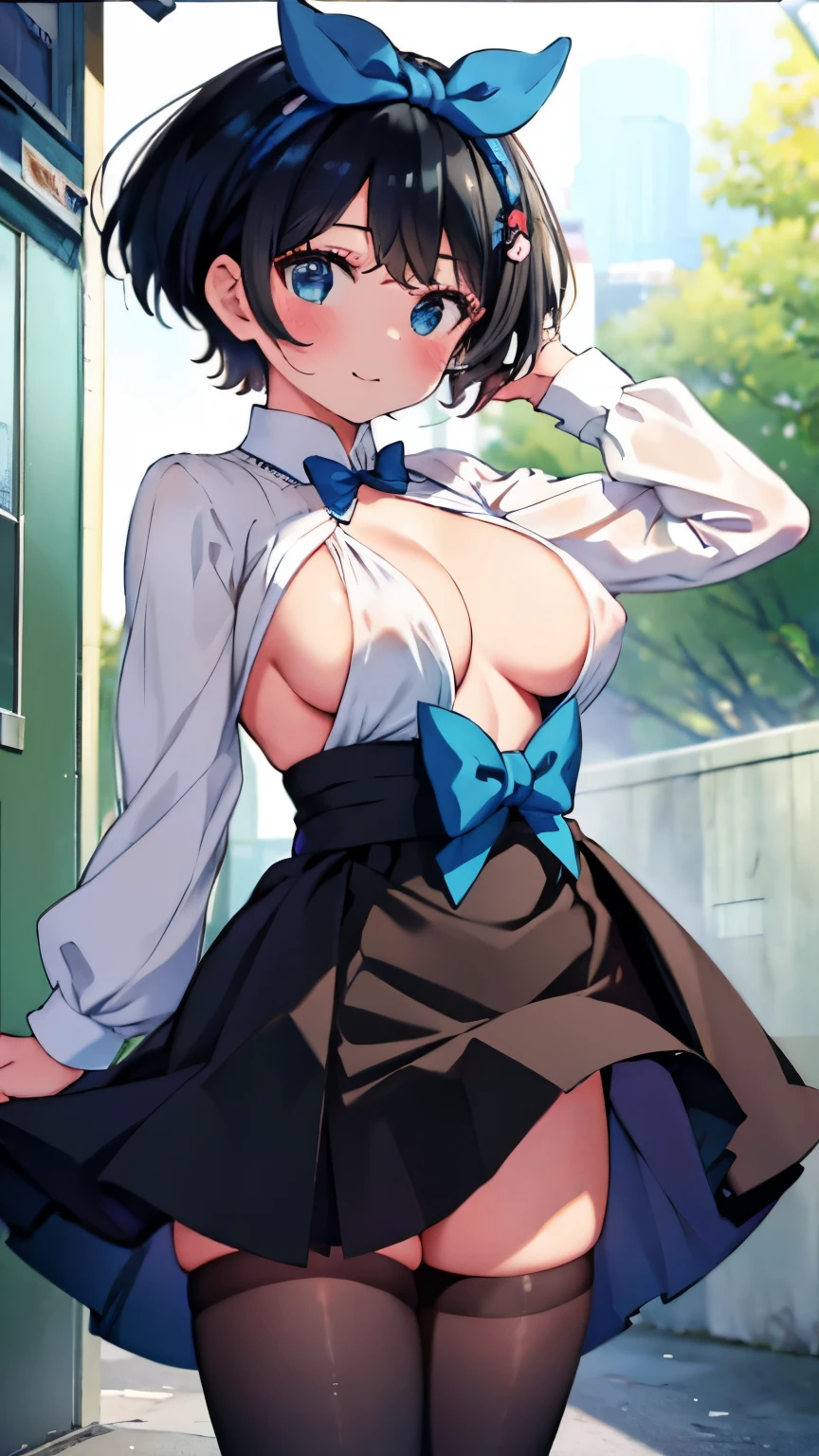Main piece、high quality、High resolution、1 girl,single, Ruka Sarashina、jewelry、skirt、Maid uniform with bare chest、Japan maid café、black hairの女性、short hair、black hair、black pantyhose, blue eyes, long sleeve, Blue Hair Band, bangs, big breasts, cleavage, Medium waist, medium hips, wide thighs, Cowboy photos, smile, Charm, embarrassing, blush、large crowd of people, looking at the viewer,from below、Low - Angle,とてもbig breasts、cleavage、No bra、No panties、No panties、非常に短いskirt、nipple、nippleを出す、nippleからミルクが吹き出す、nippleからミルクが滴る