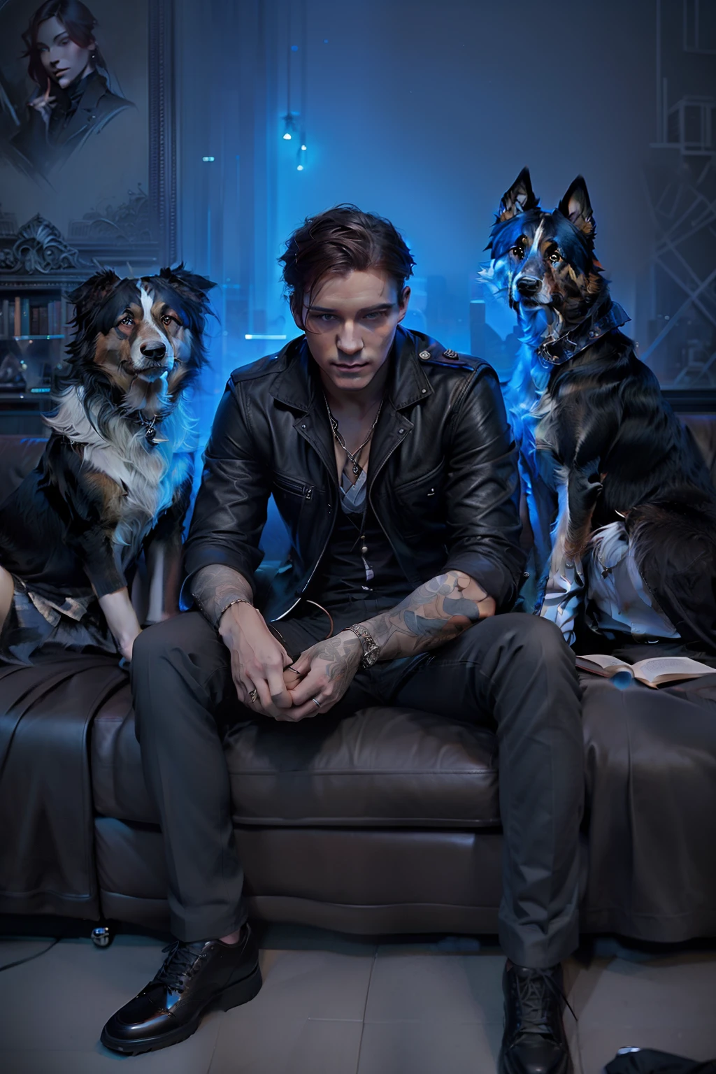 There is a man sitting on a sofa with three dogs, charlie bowater art style, stylized urban fantasy artwork, neoartcore y charlie bowater, Charlie Bowater y Artgeem, charlie bowater y tom bagshaw, estilo de charlie bowater, Charlie Bowater y Artgerm, Charlie Bowater y Mark Brooks