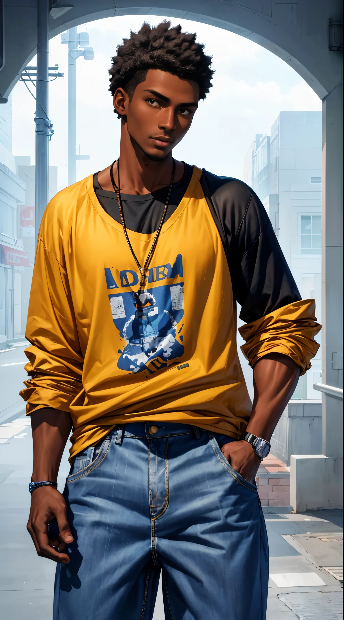 (best quality:1.1),original, 1man,  A handsome man with dark skin, African American man with natural hair, short hair, buzzcut, ebony nose, broad shoulders, tall, masculine, baggy urban clothes and demin jeans, cartoon，anime illustrations, style is abstract casual, charming character illustrations, folklore  --ar 2:3 --v 6.0 