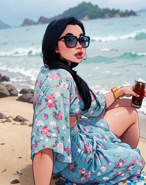 a woman sitting on a rock with a beer in her hand, posando em uma praia com o oceano, em uma praia, no oceano, na praia, sitting na praia, na praia, o oceano ao fundo, altamente estilizado, na praia, posing na praia, em uma praia tropical, na praia, on seashore