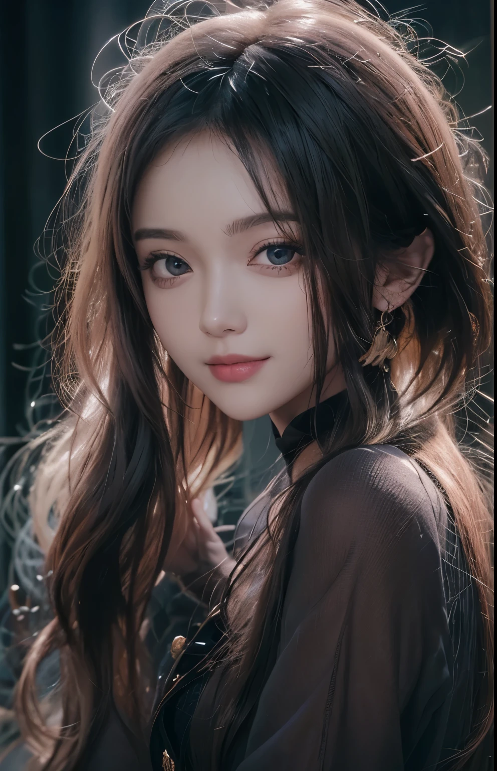 (Ultra Realistic), (Illustration), (Increased Resolution), (8K), (Extremely Detailed), (Best Illustration), (Beautiful and Detailed Eyes), (Best Quality), (Ultra Detailed), (Masterpiece ), ( wallpaper), (detailed face), solo, 1 girl, looking at viewer, fine details, detailed face, in the dark, deep shadows, low key, pureerosfaceace_v1, smiling, long hair, black shawl straight hair , 46 points oblique bangs