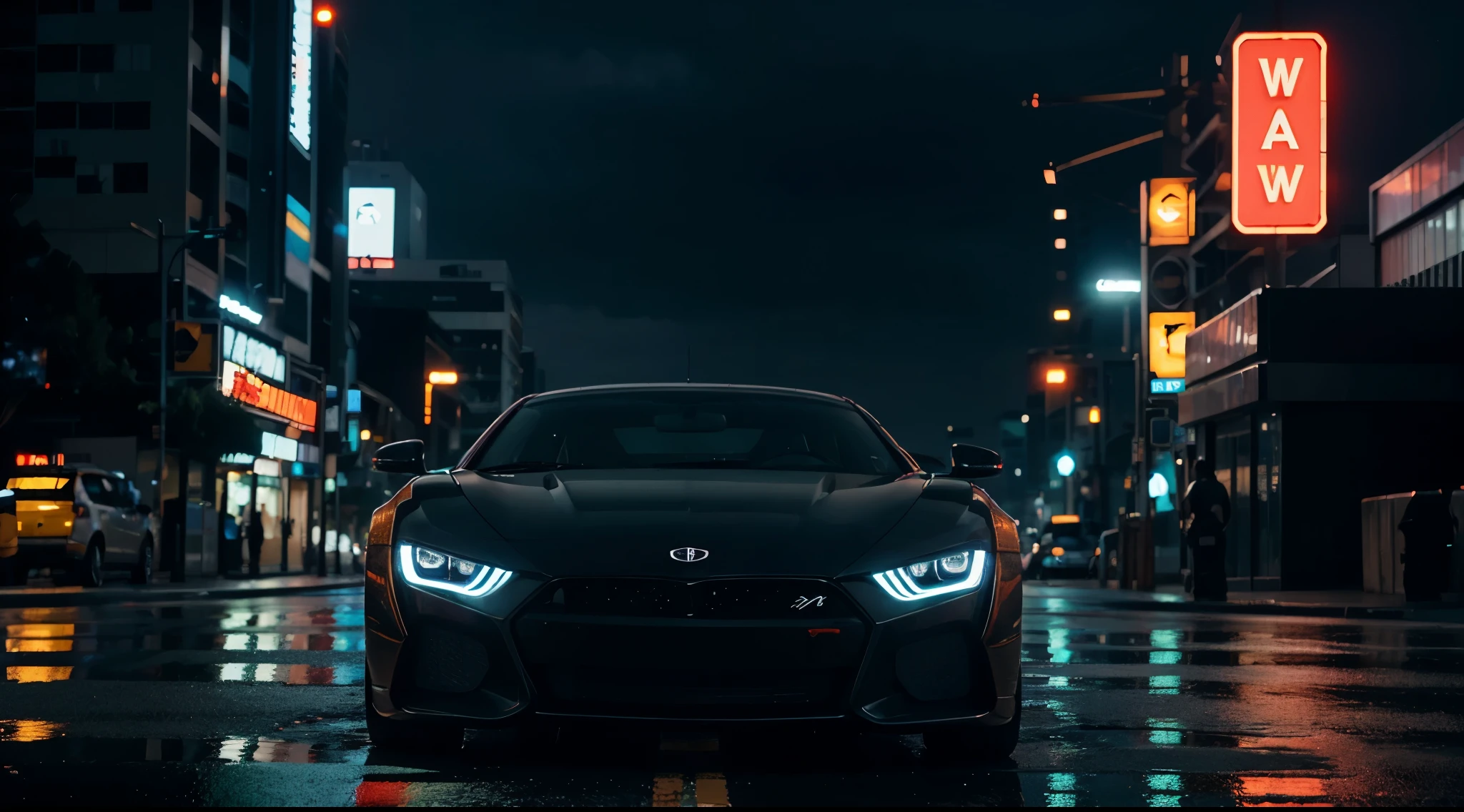 Sport car, corner view, wet road, tail lights, details, futuristic world, skyscraper, tall building, neon light, cyberpunk city style, city, neon city, night time, after rain, high details, 8k quality, masterpiece, ground view