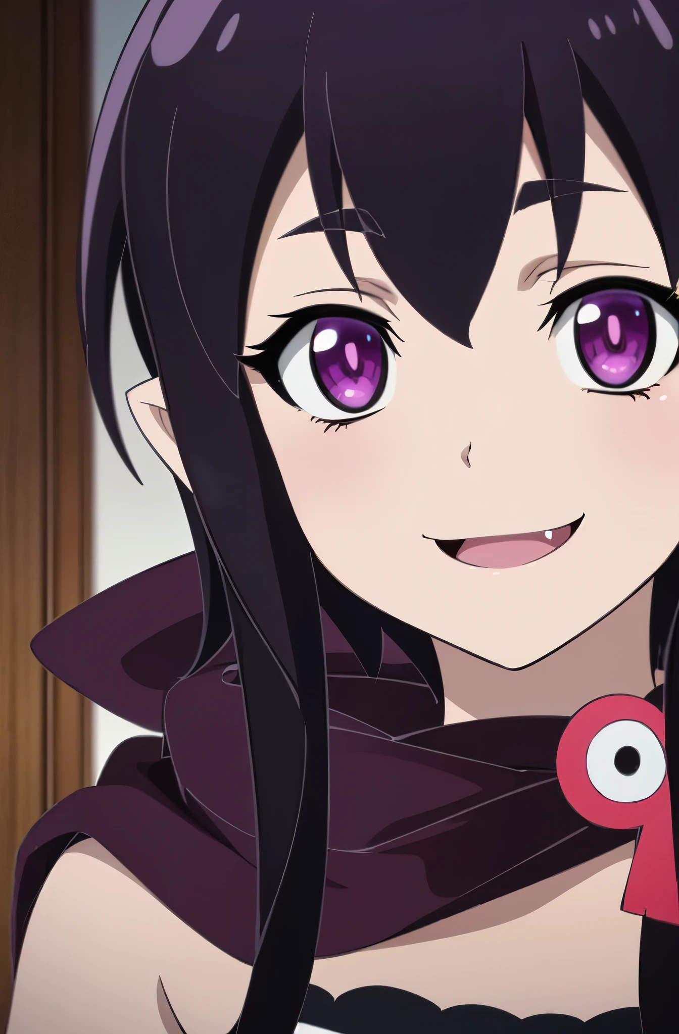Guri, 1girl, solo, upper body, portrait, smile, looking at viewer, hood, fangs, perfect quality, good quality, masterpiece, HDR, UHD