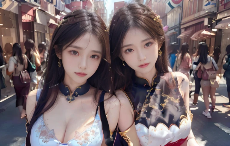 Cute beautiful girl，Just one person，Street side background，Costumes random，The costumes are detailed and complete，slim body，Natural expressions，Soft light and shadow，The proportions of the characters are reasonable，Detailed finger carvings，Normal human eyes，Eyes are delicately drawn，Delicate facial details，Detailed sculpting of upper body，Attention to detail，The texture is delicate，vivid emotional description，meticulous detail