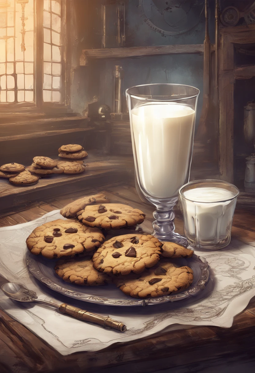 plate of cookies and a glass of milk steampunk style