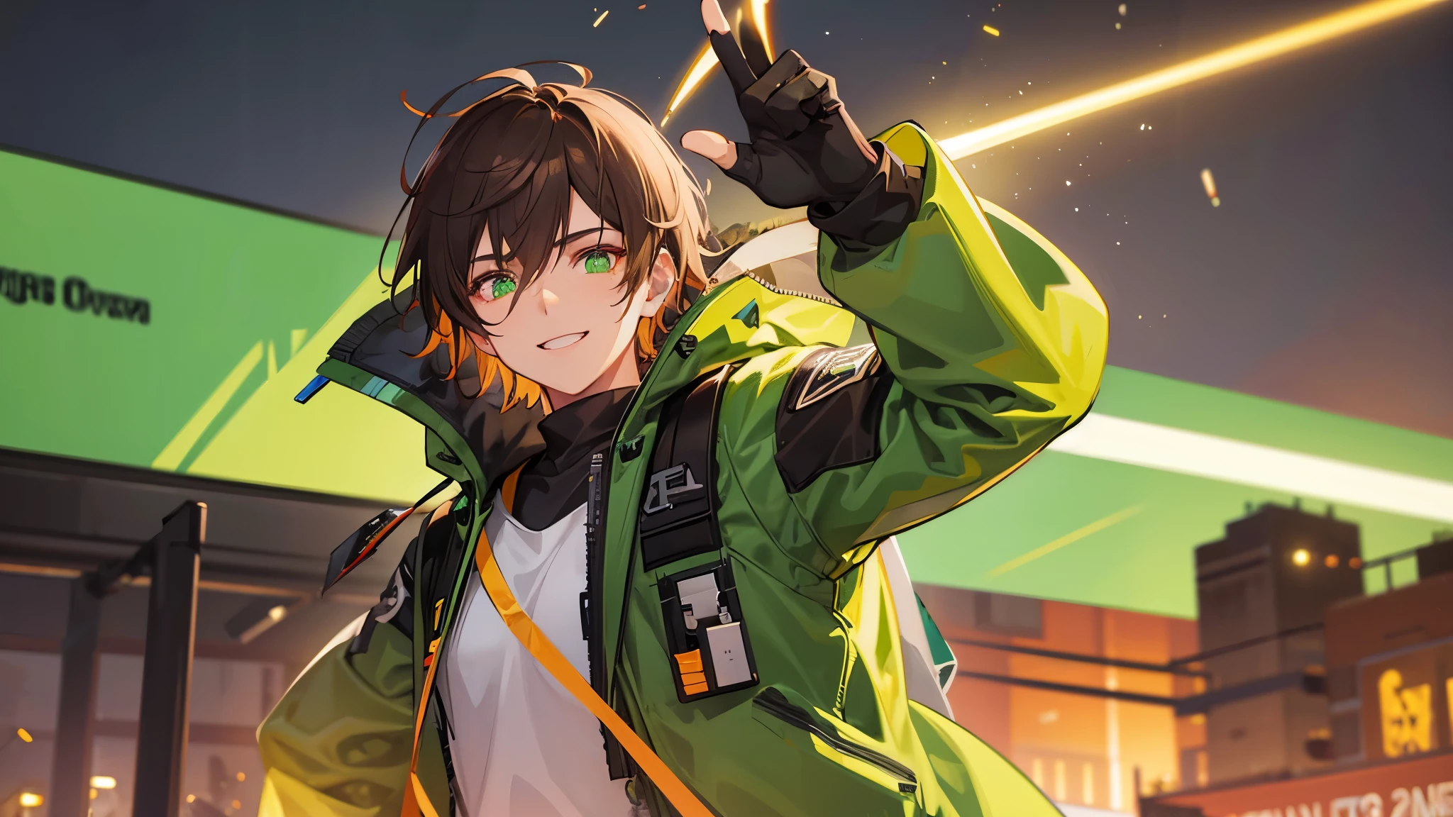 Young Male, Brown Hair, Neon Glowing Green Eye, Mechanical Wing, Mobile Suit, Zombie Theme, Confident Emotion mood, Smile, 3D, Realistic, HDR, HD, Background, RTX, 2K, Masterpiece.