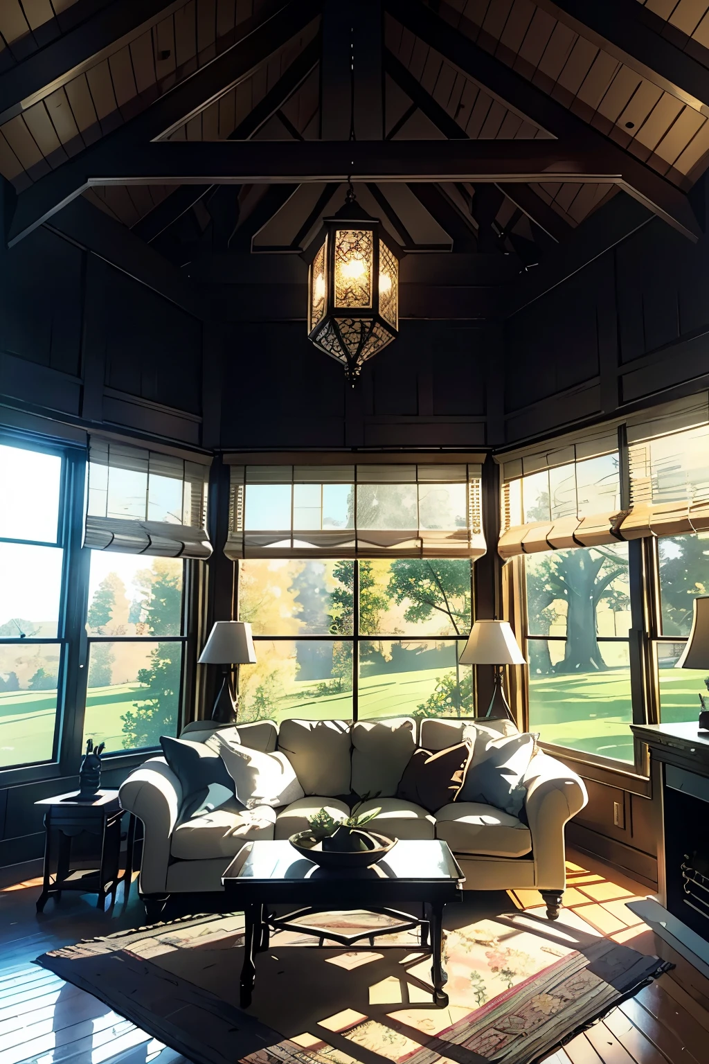 American pastoral style living room: A cozy and serene abode adorned with natural elements, reminiscent of the quintessential American countryside. The room boasts organic hues and patterns, featuring a plush, woolen rug beneath a well-worn wooden coffee table. Honeycomb curtains, delicately draped over the windows, filter the sunlight, casting warm, delicate shadows on the room's inhabitants.
Windows with honeycomb curtains: Large, expansive windows bathed in natural sunlight, where the interplay between the indoors and the outdoors blend harmoniously. The honeycomb curtains, with their intricate designs, softly filter the sunlight, creating a d