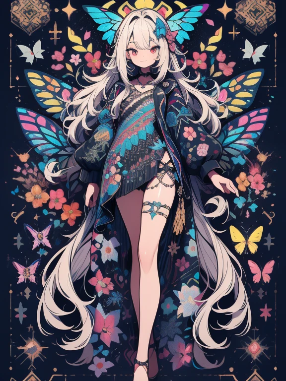 (Colorful floral, Colorful butterflies with gorgeous ornaments and flowers on black background), harmony of butterfly, Butterfly, intricate digital painting, mechanical butterfly, highly intricate and colorful, dark but detailed digital art, Highly detailed symmetry, detailed digital artwork, Symmetrical intricate details, plethora of colors,colorful intricate masterpiece,
(Sticker style:1.5),Geometric pattern background,frontage、Sticker style