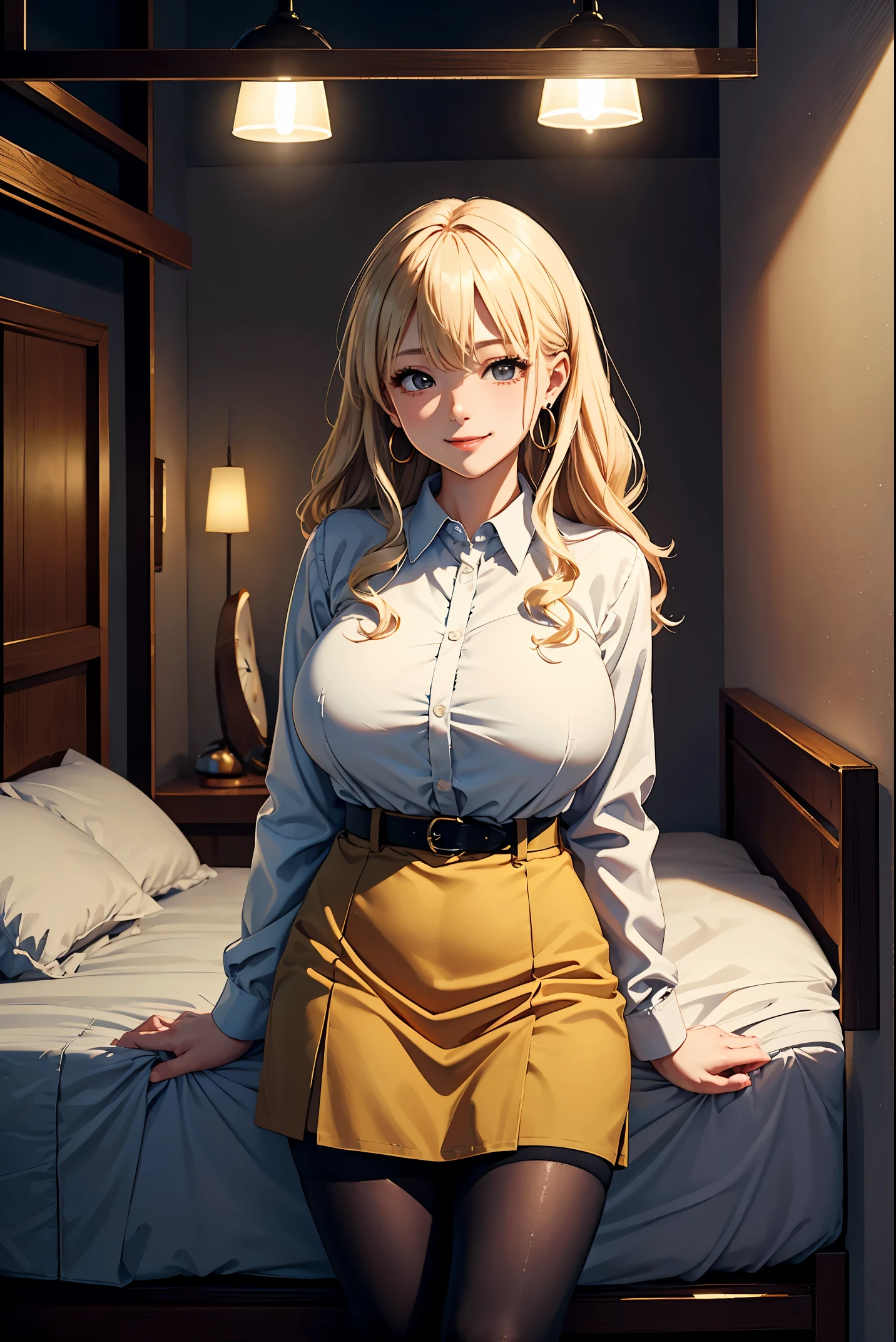(masterpiece:1.4)、(highest quality:1.4)、ultra high resolution、beautiful features、Advanced detail、A little anime style、20 year old woman、blonde long hair、earrings、black long sleeve collared shirt、Beige skirt、black tights、(huge breasts:1.1)、red face、smile、stand、hotel bedroom、bed、窓の外はnight景、night