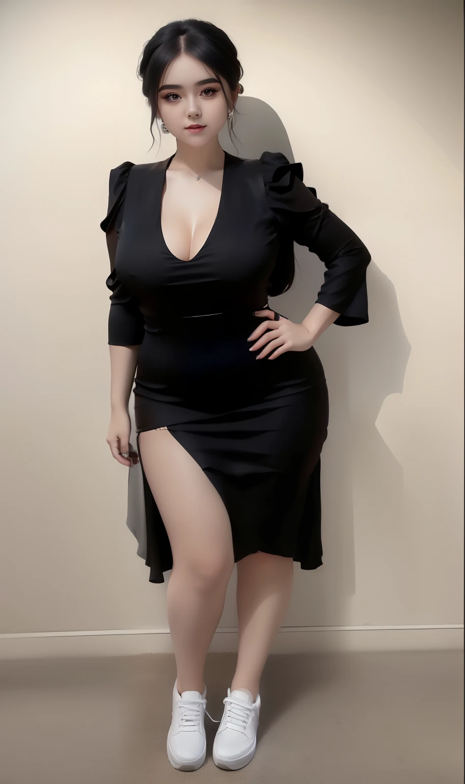 a woman in a black dress and white sneakers posing for a picture, sexy dress, she is wearing a black dress, low cut dress, black dress, wearing black dress, wearing a tight black dress, opened dress, wearing a black dress, very sexy outfit, sexy look, thicc, curvy hourglass figure, sexy gown, in a dress, dark dress