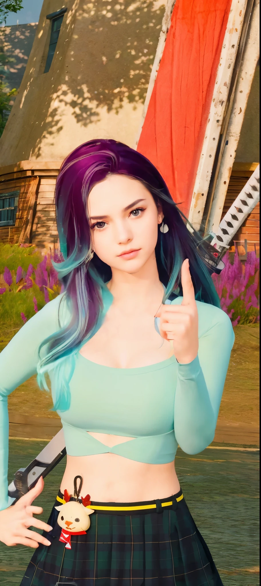 (8k, RAW Photography, top-quality, masterpiece:1.2), 1girl, 3d, voluptuous body, beautiful angry face, photogenic , 3D, Blazer uniform, long hair in curls, hands raised, school ground, s lips, High school student, schoolyard, school uniform, real, shinny skin、Beautiful delicate face、Beautiful delicate eyes、a miniskirt 、Multiple people,