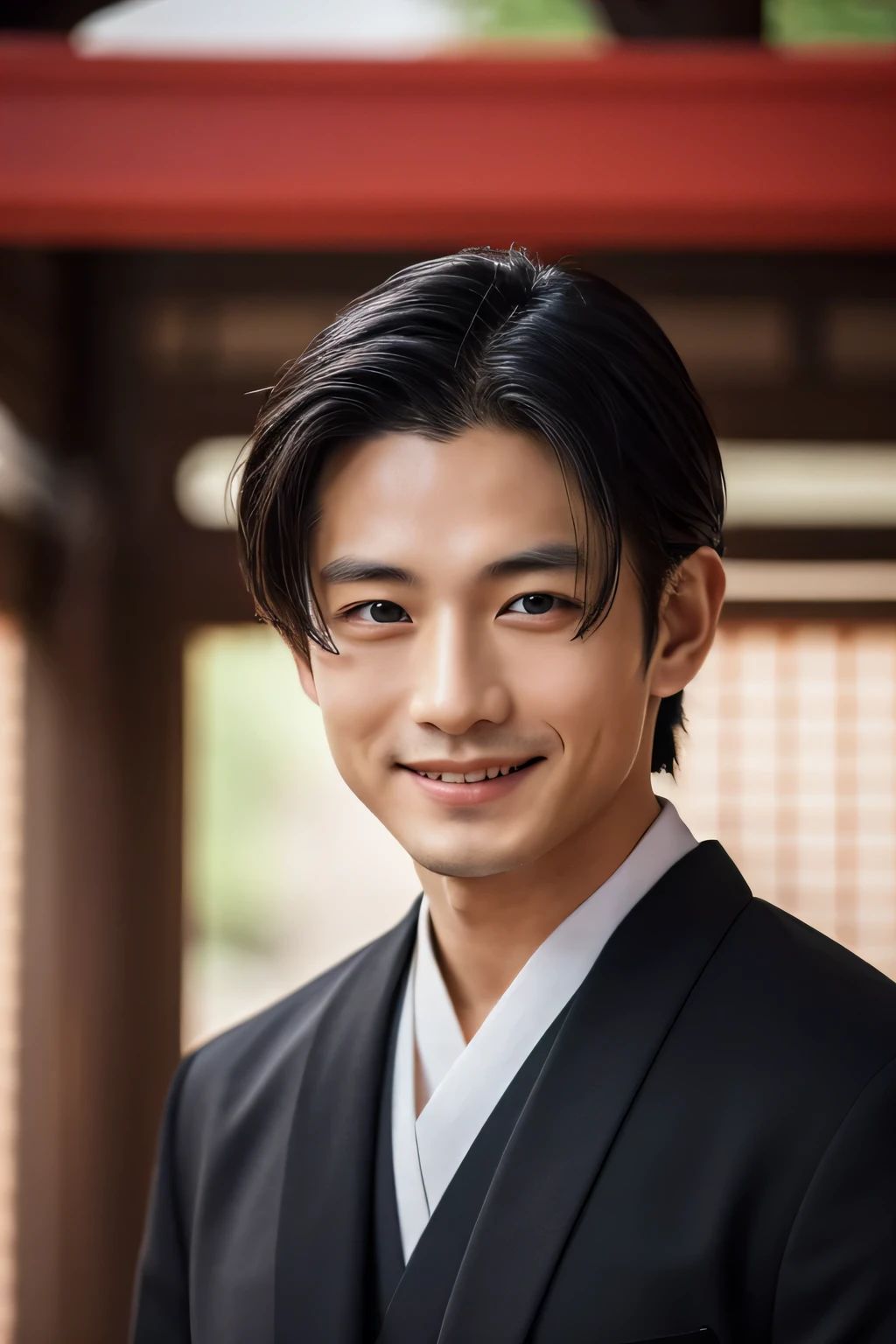 highest quality, masterpiece, Handsome Japanese man like a samurai, suit kimono, gentle smile, masculinity, black eyes, brave, surreal, 8K - v4, 30 year old, kind eyes, looking at camera,