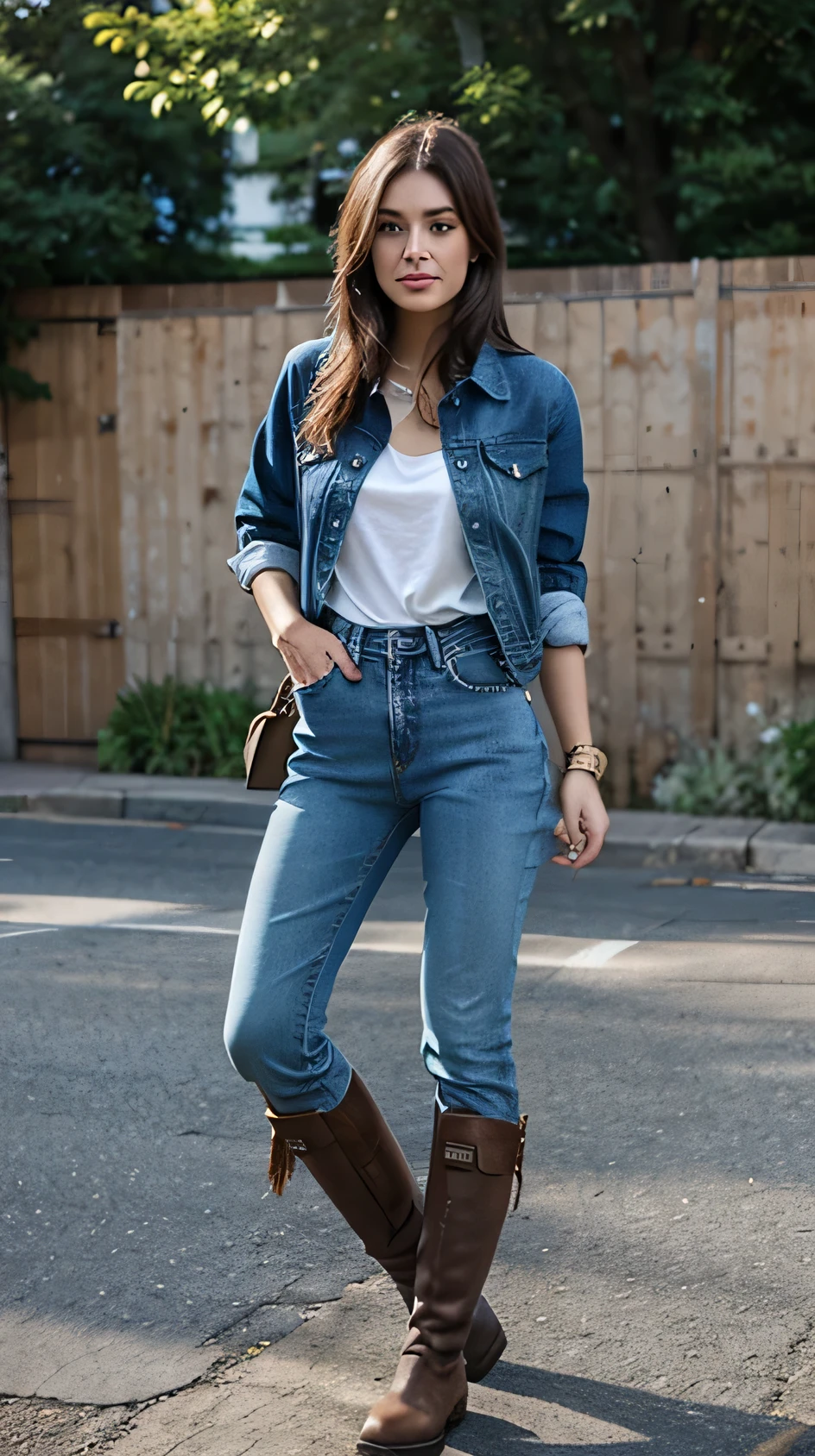 Mujer vistiendo total denim outfit con botas de montar