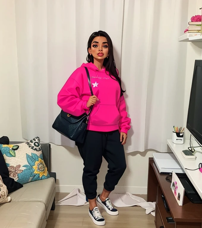 uma mulher parada em frente a uma TV em uma sala de estar, powder Nándor Katona, pink vibe, um pouco de rosa, roupas rosa, inspirado em Olivia Peguero, Rosa quente, Rosa neon, vestindo um moletom rosa, vibrant aesthetic, poder rosa, menina Rosa, rosa e preto, foto da roupa, by Gina Pellon