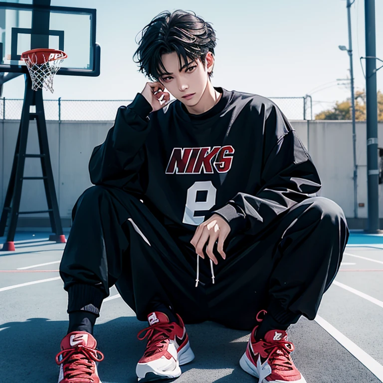 1 Korean young men,male,20 years old,High,Height 180 cm,Hair is medium length,Black sweatshirt,black pants,red and white nike shoes,White sport socks,Sit on the basketball court,legs open,Badass anime 4k ,POV perspective,Proud,Cold,looking into camera,