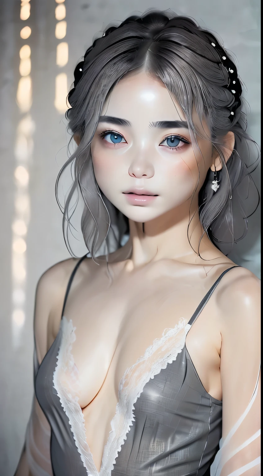 one woman、１６talent、anatomy、very cute face、beautiful eyes、ash gray hair、plump lips、no makeup、small breasts、no makeup、luxury shirt with lace、black shirt、RAW photo、最high quality、High resolution、Super detailed、high quality、Detailed details、８ｋ、(((blurred background、gray walls、gray background、White world、studio:1.5、cinematic lighting、professional photographer)))