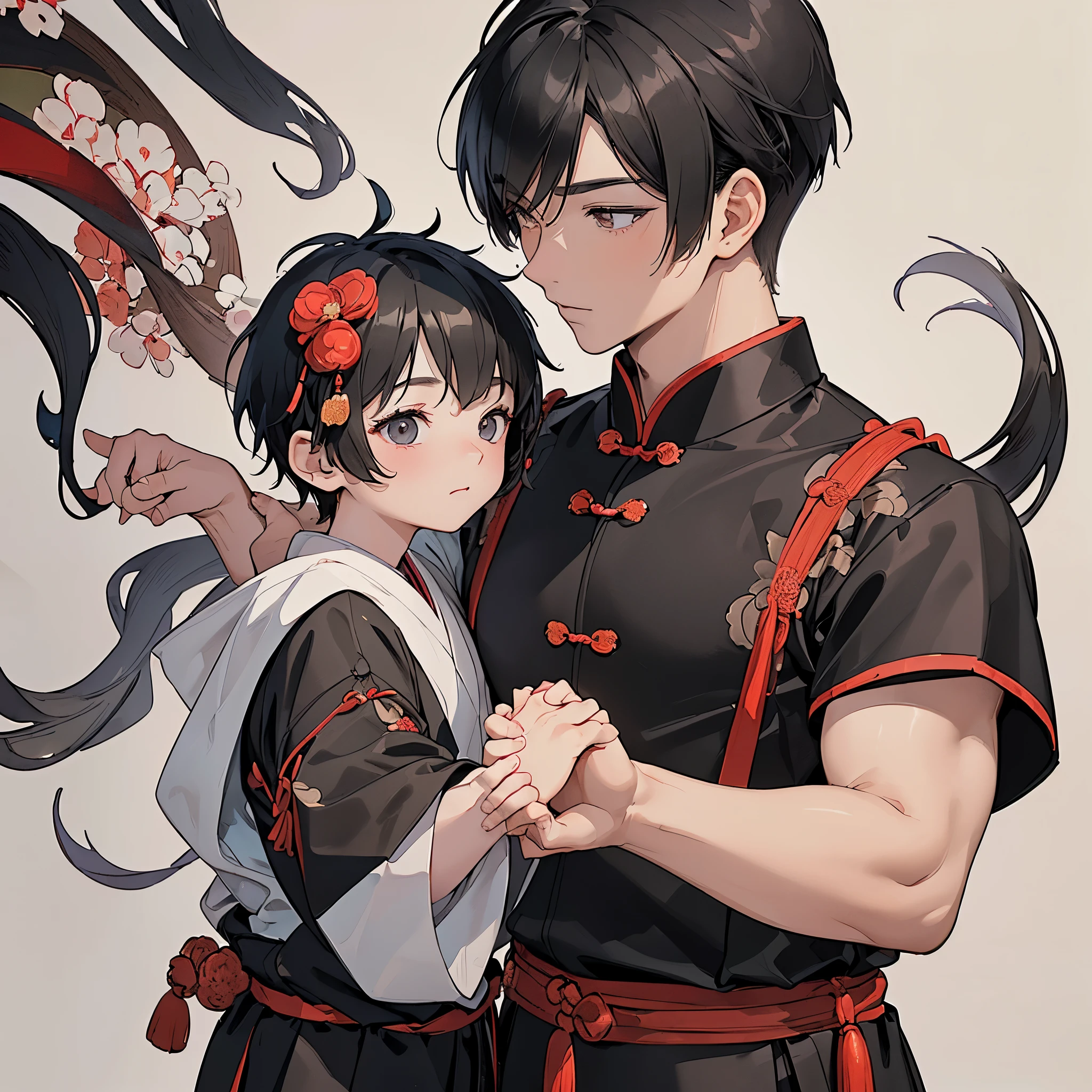 (Masterpiece), (best quality), ((super-detailed)), (shotaoni:1.5),((1 boy and 1 adult male)), (gay), looking at another, Traditional Chinese ink painting illustrating a childand a young male ,holding hands each other,They are adorned in classic Chinese attire, set against a backdrop.