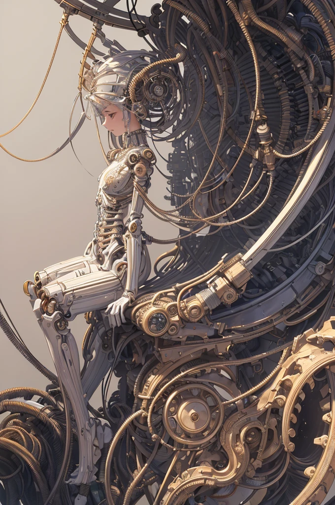 (((masterpiece))), (((best quality))), ((ultra-detailed)), (highly detailed CG illustration), ((an extremely delicate and beautiful)),(from side),cinematic light,((1mechanical girl)),solo,full body,(machine made joints:1.2),((machanical limbs)),(blood vessels connected to tubes),(mechanical vertebra attaching to back),((mechanical cervial attaching to neck)),(sitting),expressionless,(wires and cables attaching to neck:1.2),(wires and cables on head:1.2)(character focus),science fiction,extreme detailed,colorful,highest detailed