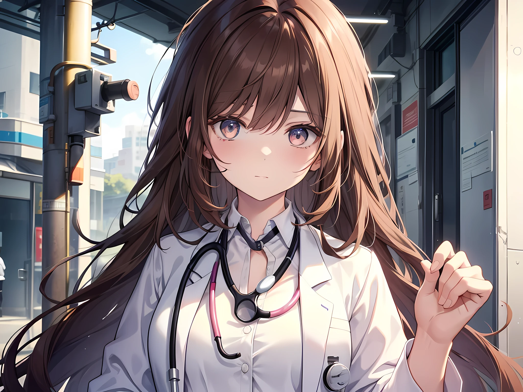 a woman with a cat, she is a doctor with stethoscope on her neck, brown eye color, brown hair, long hair, wearing white shirt and labcoat, face to detail, detailed eyes, the background is on animal hospital
