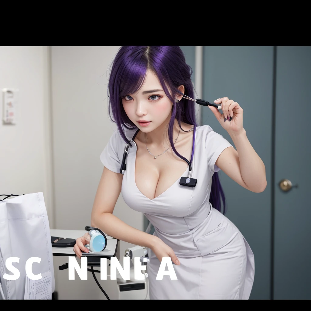 Best image quality, outstanding detail, ultra high resolution, (realism: 0), best illustration, prefer details, highly condensed 1girl, delicate and beautiful face, long hair, disheveled hair, big, blush, cleavage, delicated skin, a beautiful woman with violet hair and bright violet eyes, Currently performing a patient examination pose. In a clinic, nurse dress