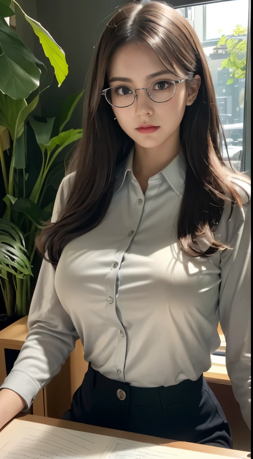 (surreal), (enlightenment), (High resolution), (8K), (very detailed), (The best enlightenmentns), (beautiful and fine eyes), (highest quality), (very detailed), (masterpiece), , (detailed face), alone, 1 girl, Wavy dark brown hair, ample breasts, plump ass、long legs, toned abdominal muscles,20-year-old,,street,think back,(((Being in the company、desk、computer、document、tight collared shirt、accessories、Foliage plant、Thin silver-rimmed glasses、Something big is about to spill))),((()))((()))、